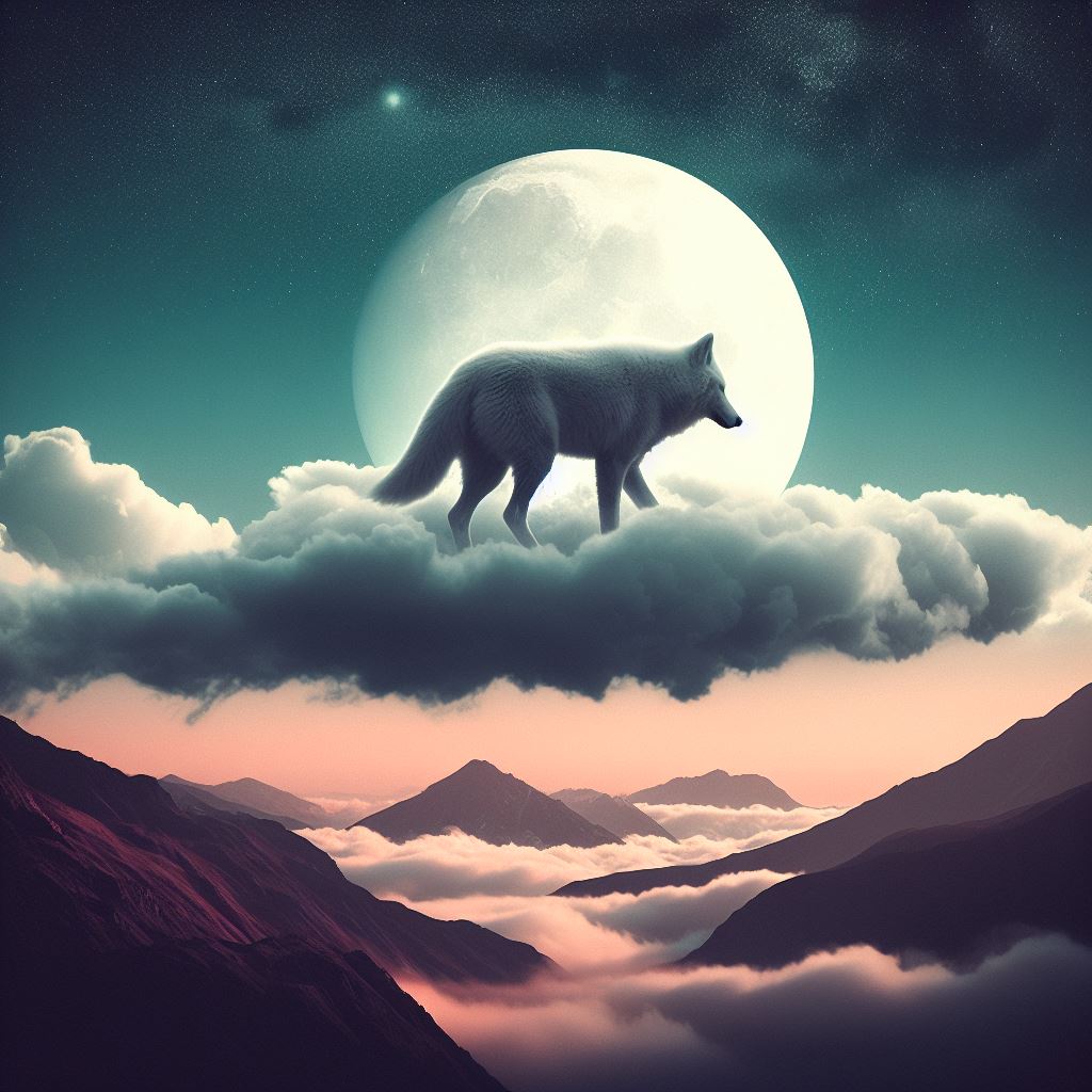 a wolf wondering above the clouds agt full moon